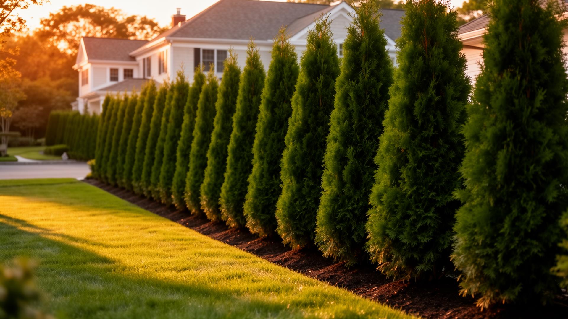 Row of arborvitae privacy trees planted at a Long Island home