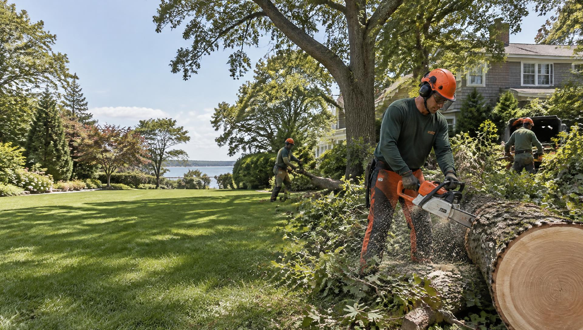 Tree service crew clearing a fallen tree at a suburban property